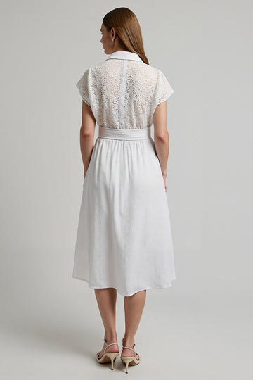 White A Line Collar Neck Midi Work Dress